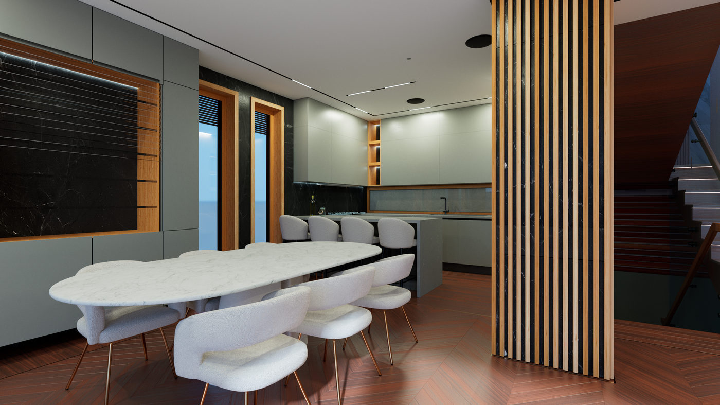 Bucătărie deschisă cu zonă de dining, proiect Design Art Studio